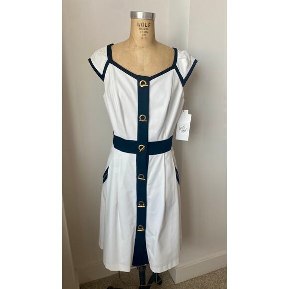 Chetta B Black & White Cotton Blend Shirt Dress With Gold Toggles size 6 nwt - Picture 8 of 10